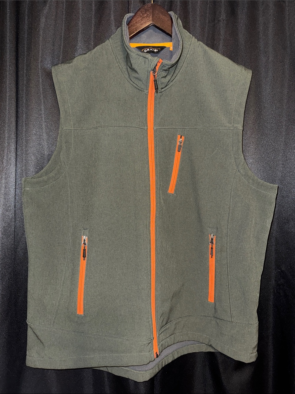 Orvis Mens Soft Shell Full Zip Vest Olive Green w/ Pockets Outdoor Hiking XLarge